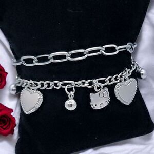 Hello Kitty Silver Stacked Link Dangle Charm Bracelet Sanrio Heart Cat Head